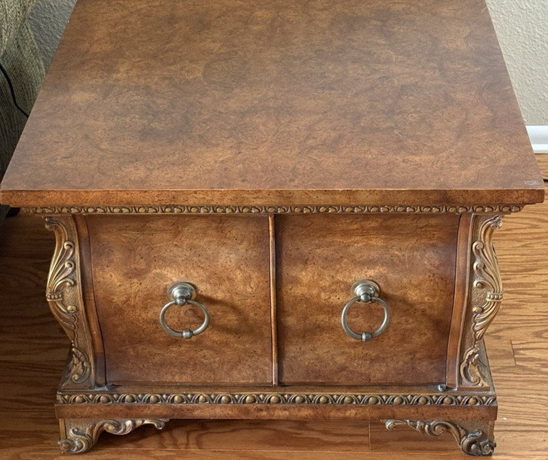 Vintage Weiman Burl Wood Large Side Table 30″ Square Victorian – Large Storage