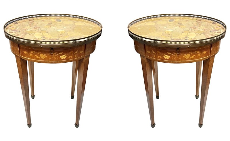 Pair French Louis XVI Style Bouillotte Games Table / End Tables with Marble Tops