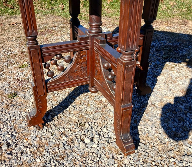 Antique Victorian Eastlake Walnut Parlor Table Chocolate Marble Stick and Ball gallery