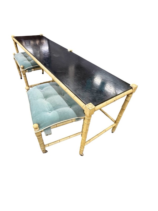 Vintage Hollywood Regency Faux Bamboo 78" Long Sofa Console Table Velvet Stools gallery