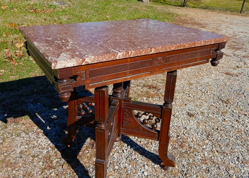 Antique Victorian Eastlake Walnut Parlor Table Chocolate Marble Stick and Ball gallery