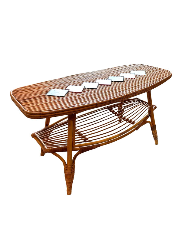 French vintage Bamboo Coffee Table – Two-Tier Surfboard Shape with Graphic inlay gallery