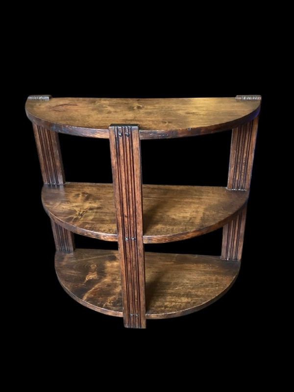 Antique Vtg Art Deco Arts & Crafts 3 Tier Wood Demilune Side End Table Bookshelf gallery