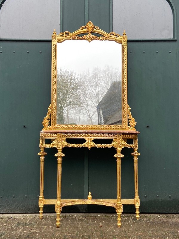 Console with Mirror Louis XVI Gold Beech Pink Marble Vintage Set