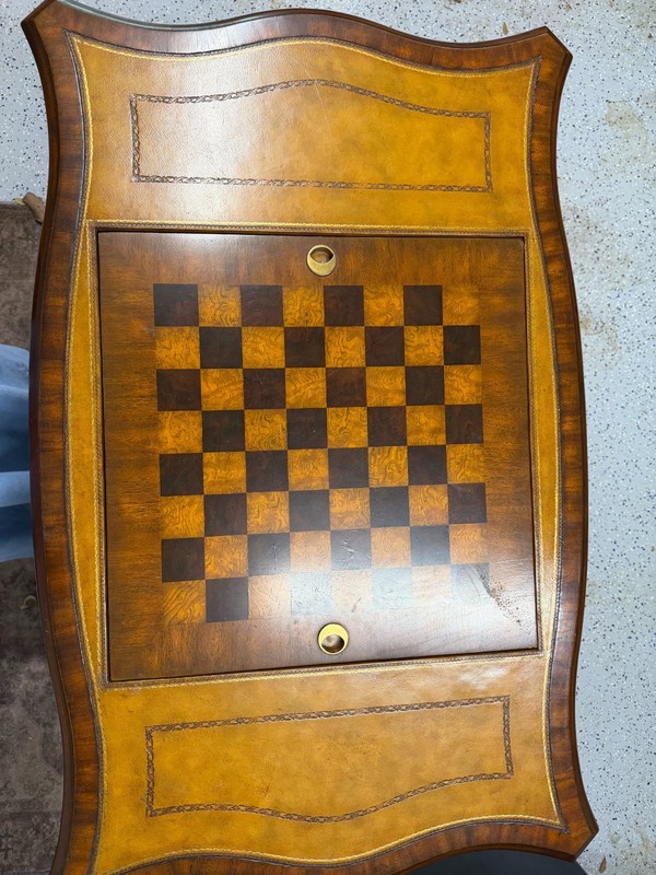 Maitland Smith Game Table Leather top, flip top chess or backgammon game insert
