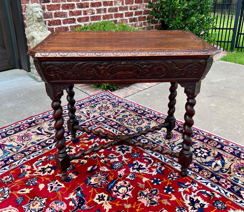 Antique French Parlor Table BARLEY TWIST Renaissance Revival CHERUBS Oak 19thC gallery