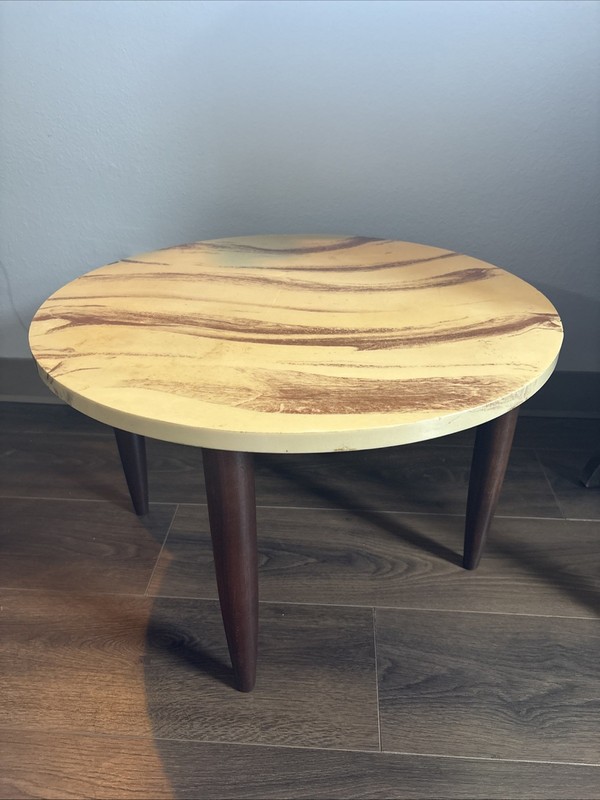 Vintage Mid-Century Modern Round Coffee Table Walnut Base Marble Top 24”