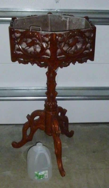 Very rare, Black Forest Style Carved Pedestal Table, Plant Stand, Insert, 3 leg