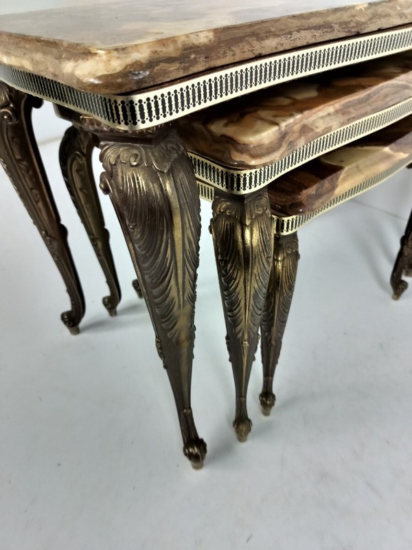 Set of 3 Nesting Stacking Coffee Side Tables Marble Onyx Brass Hollywood regency gallery