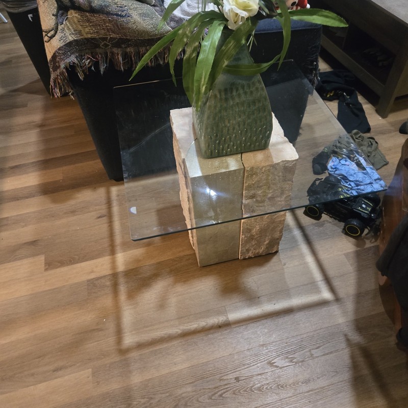 MCM MAGNUSSEN FURNITURE Tessellated Marble Stone Brass + Glass Side End Table