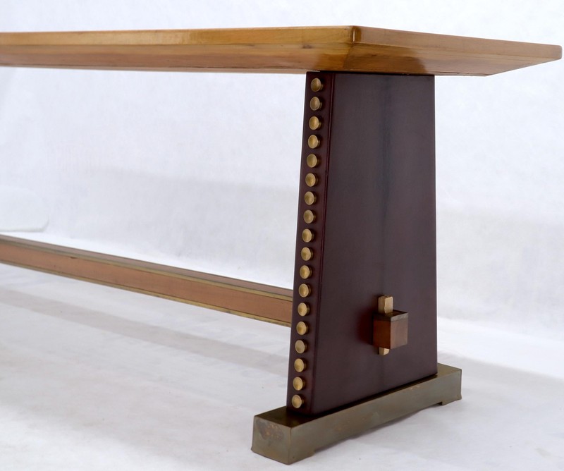 Narrow Long Boat Shape Walnut Dining Harvest Table Studs Leather Brass Decorated gallery