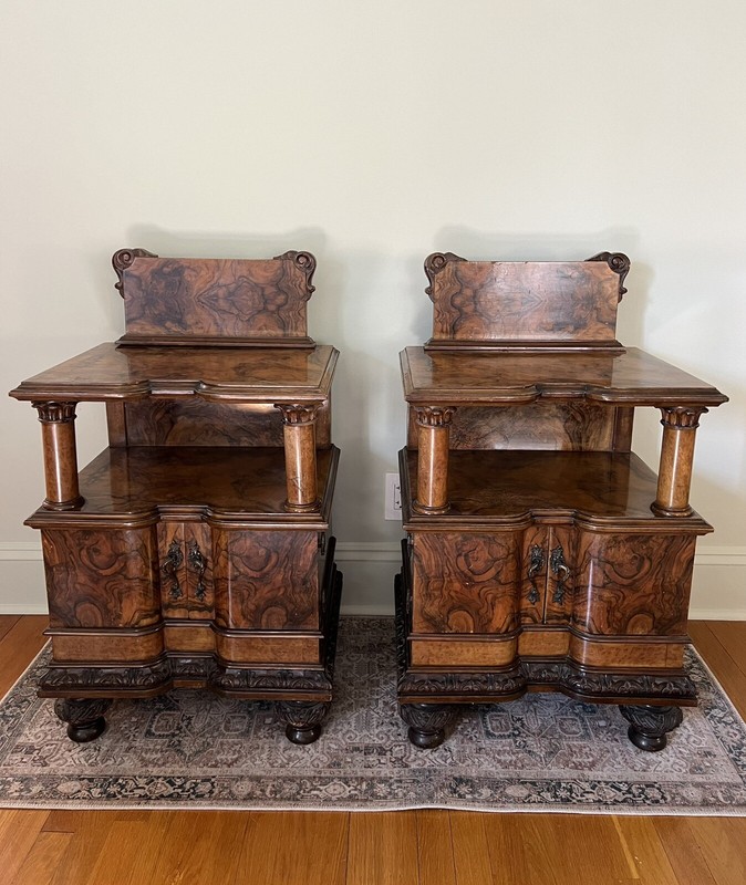Antique 1920-1930’s Italian Burled Walnut Nightstands