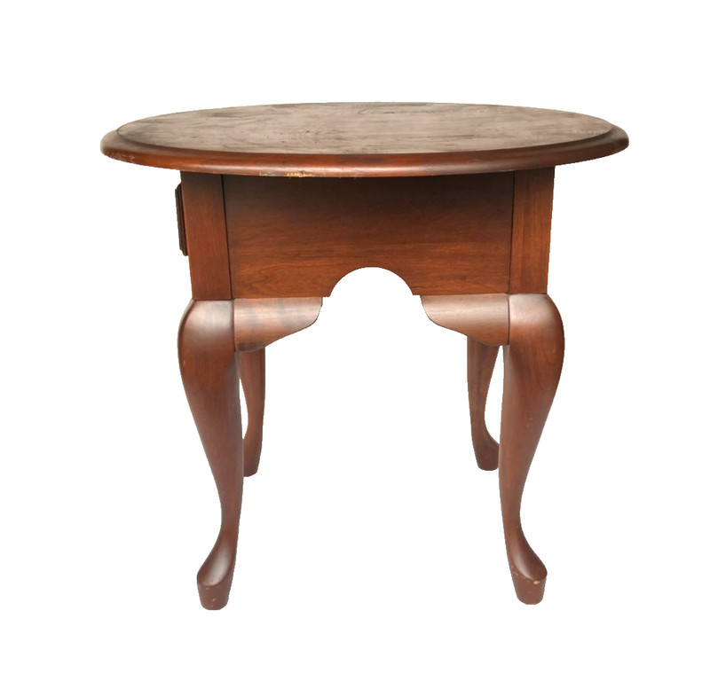 Vintage Queen Anne Style Cherry Wood Oval End Table with Drawer gallery