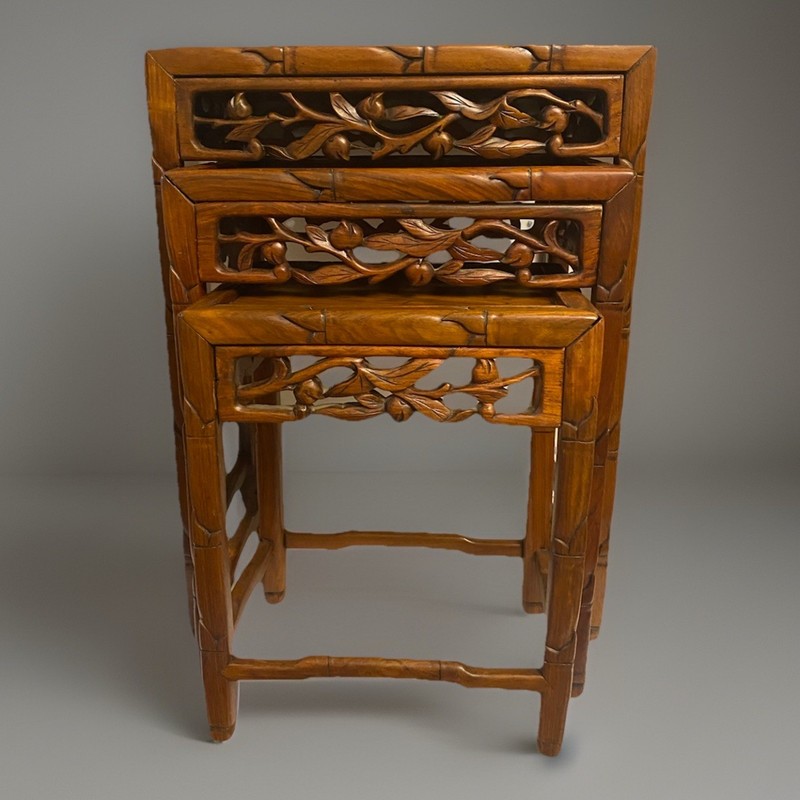 Chinoiserie Hand Carved Asian Wood Nesting Tables ~ Set of 3 Stacking Tables