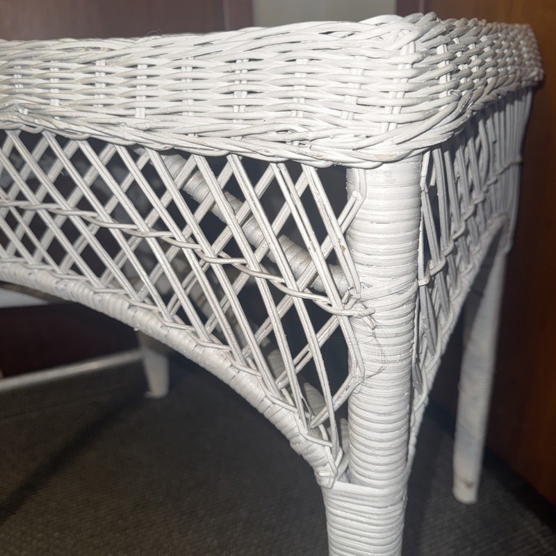Vintage Ornate Woven White Rattan and Wicker MCM Table 24x17” 24”tall gallery