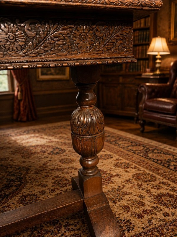 RARE Antique Hand Carved Oak Refectory / Centre Table With Memorial Plaque gallery
