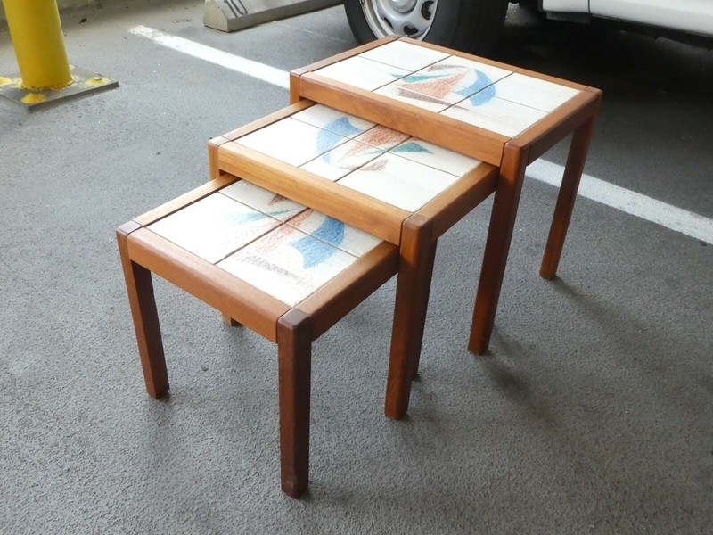 PAIR OF 1970'S DANISH MODERN NESTING TABLES WITH TILE TOPS NAUTICAL THEME gallery