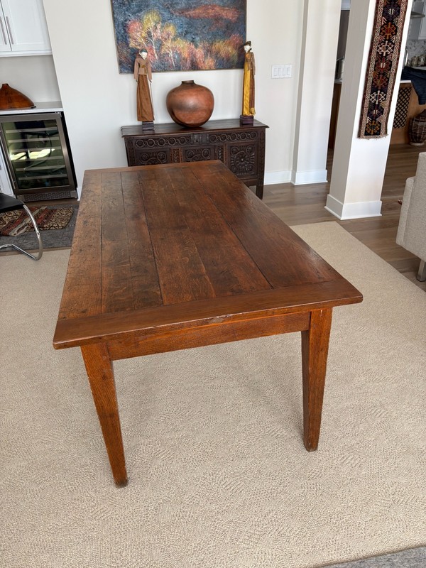 19th Century oak French farm table, drawer, pullout bread board, excellent cond.