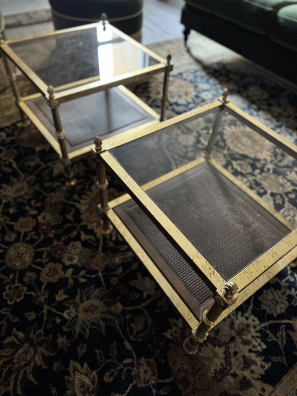 Maison Jansen French Neoclassical Hollywood Regency Gilt Metal Side Table Pair
