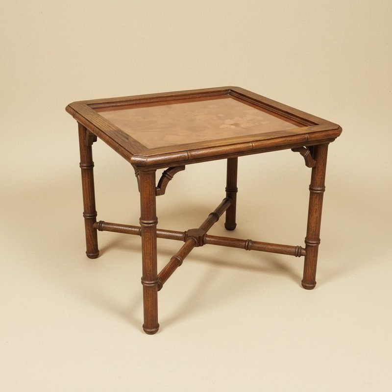 60s Oak Faux Bamboo Side Table Chinoiserie Regency Tortoiseshell Copper 17″T
