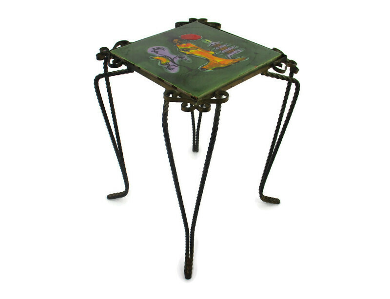 Vintage Side Table Plant stand Ceramic Tiles Geisha Italy Wrought Iron Funky