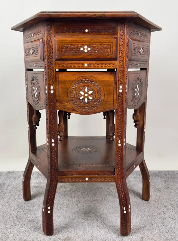 Vintage Syrian Hexagonal Walnut Hand -Carved Center of End Table gallery