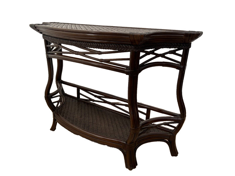Vintage Bamboo Rattan Demilune Console Sofa Table Retro 1970s Bottom Shelf