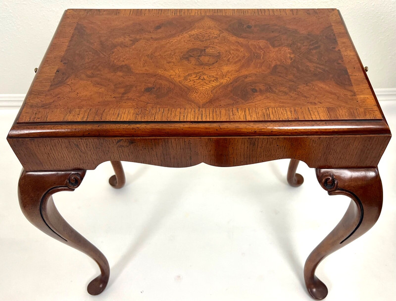 Vintage Walnut & Burl Banded Regency Style Side Table with Pull-Out Tray gallery