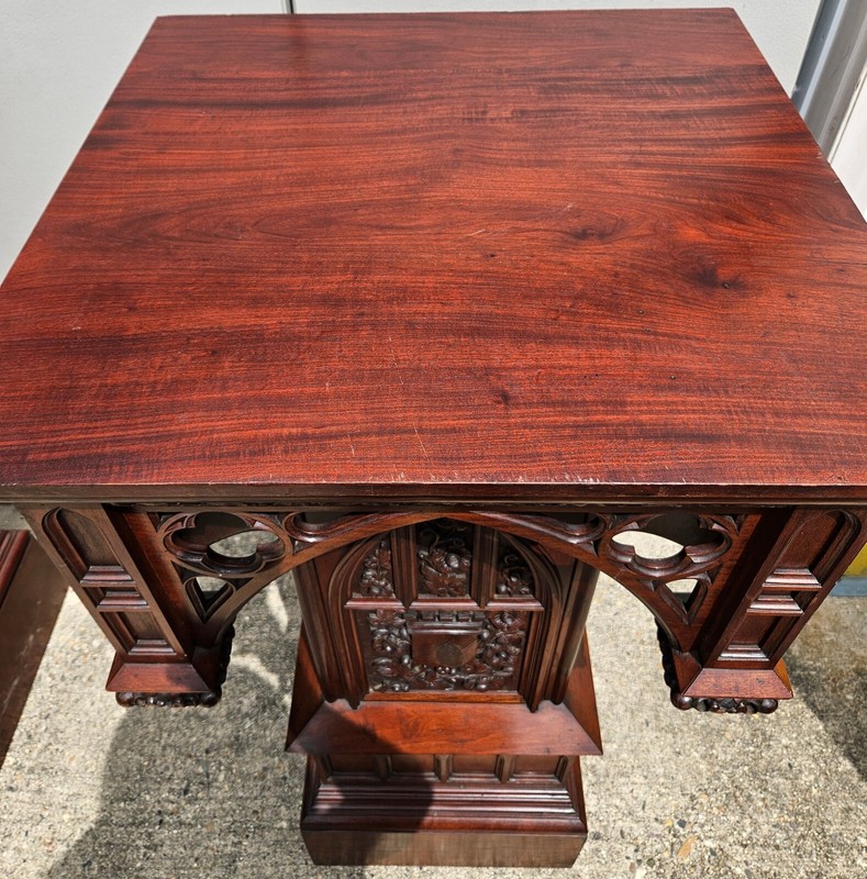 Pair Antique French Carved Gothic Revival PEDESTAL tables Monumental Victorian gallery