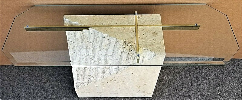 80's MAITLAND SMITH Mactan Tessellated Stone Brass Glass Console Sofa Table gallery