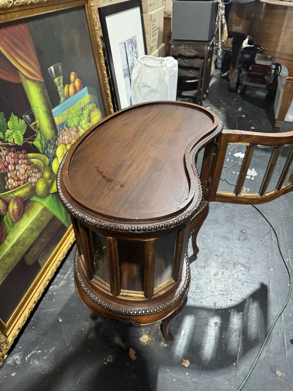 Kidney Shaped Tea / liquor Cabinet Table w/beveled glass & Wood Serving Tray gallery