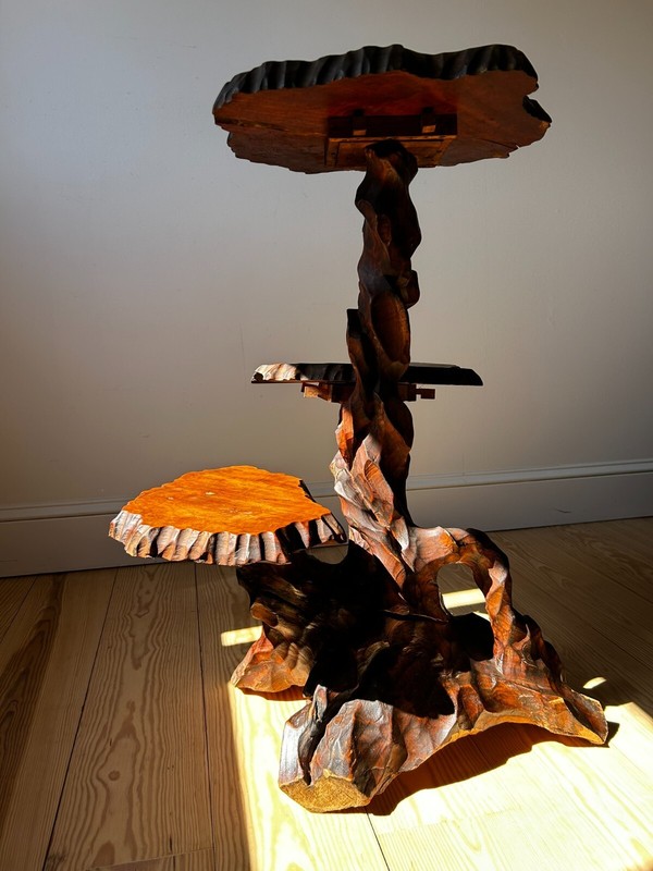 Vtg Large 34" H MCM Japanese Tree Root 3 Tier Hand Carved Wood Side Table/Stand gallery