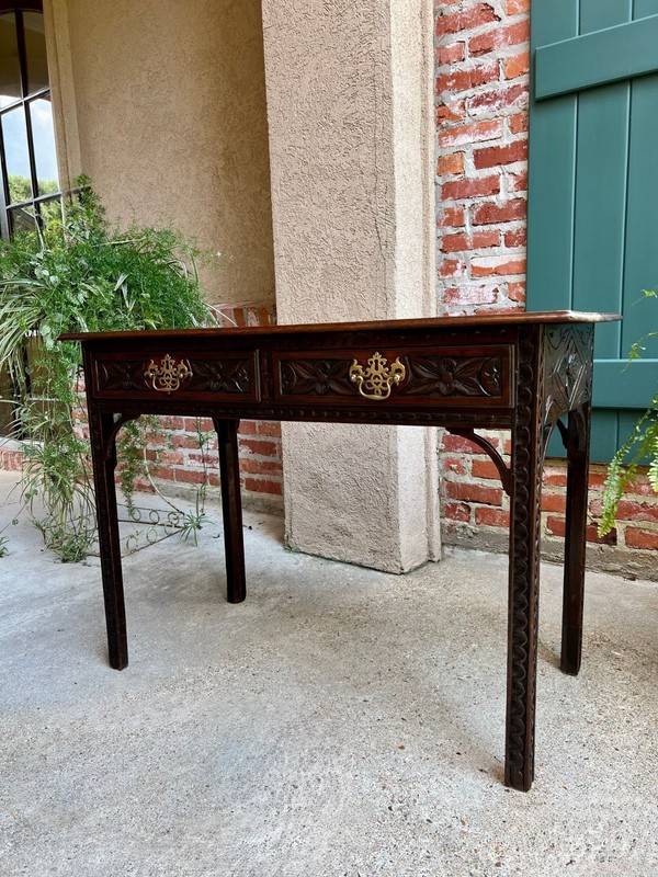 Antique English Sofa Console Table Jacobean Carved Oak Foyer Table c1890 gallery