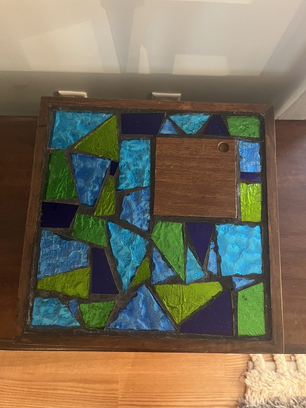 Vintage Green & Blue Glass Mosaic Plant Table. Legs 8” Tall. Table top 12” x 12” gallery