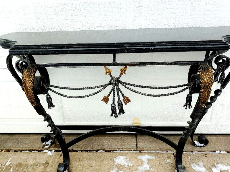 FANTASTIC MAITLAND SMITH BLACK MARBLE 53" CONSOLE TABLE, WROUGHT IRON & BRONZE. gallery