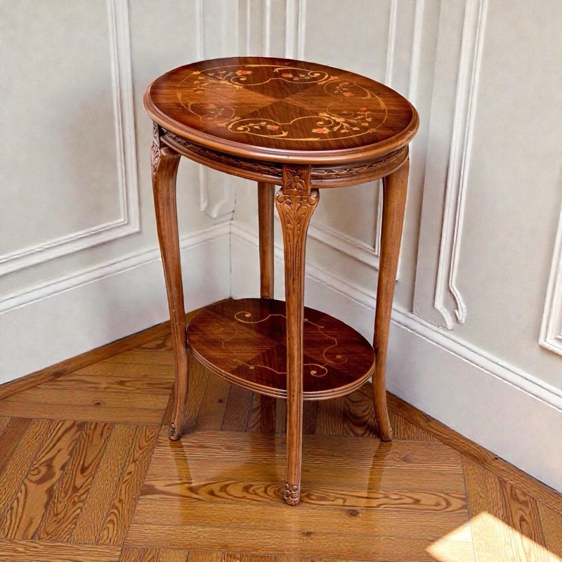 Vintage Italian Inlaid Oval Side Table Florentine Marquetry Accent End Table