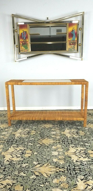 Vintage Bamboo Rattan Console Table Mid-Century Glass Parsons Table