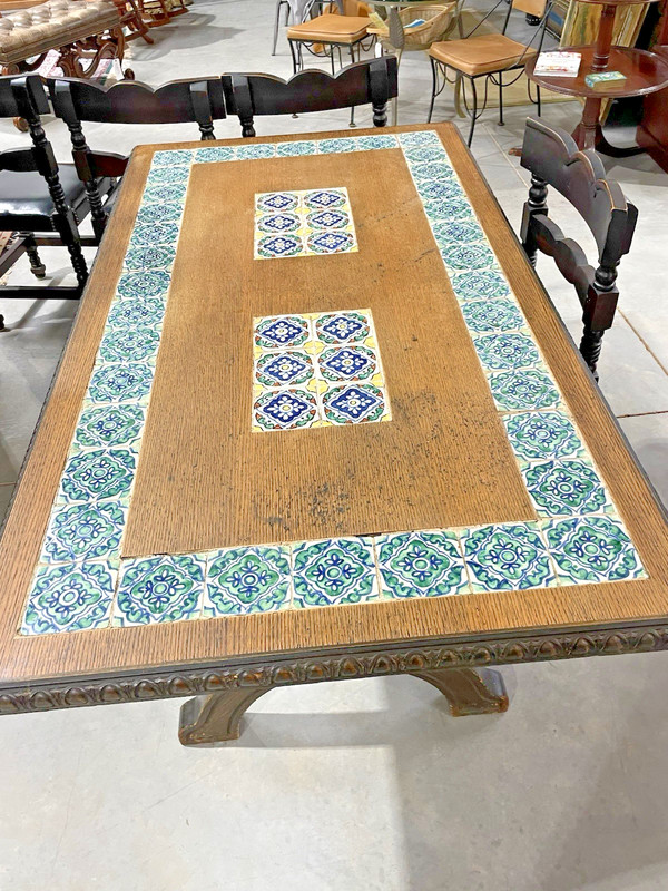 Spanish-Style Tile Inlay Wood Dining Table & 4 Chairs gallery