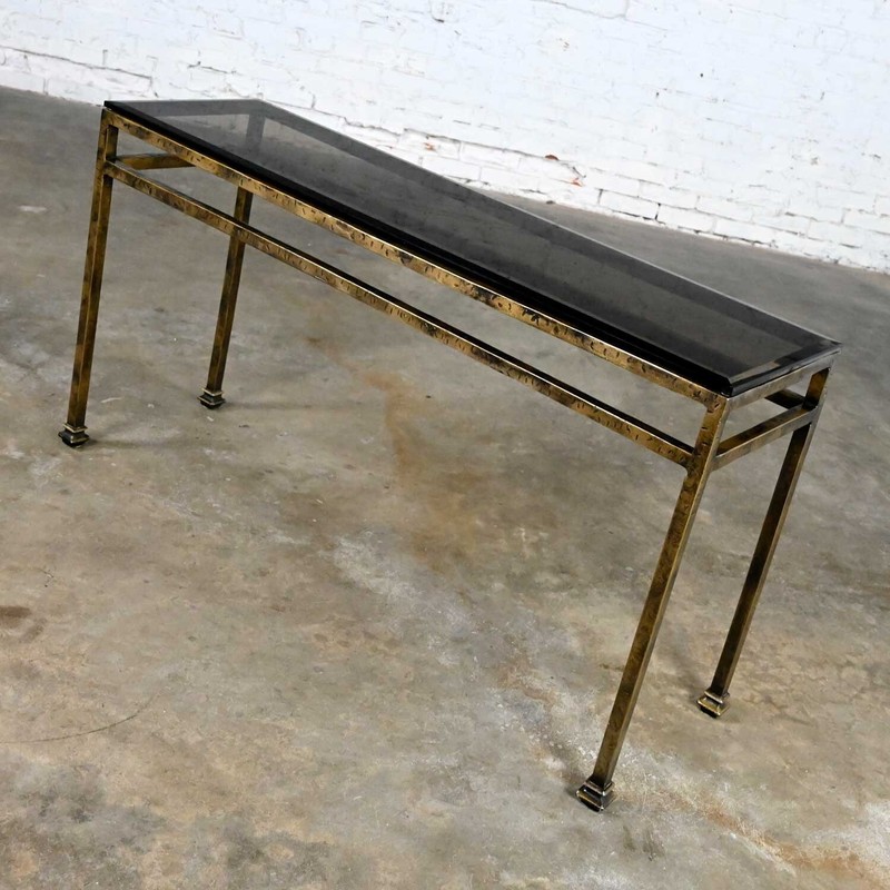 Modern Iron Console Sofa Table Gold Hammered Look & Smoked & Beveled Glass Top gallery