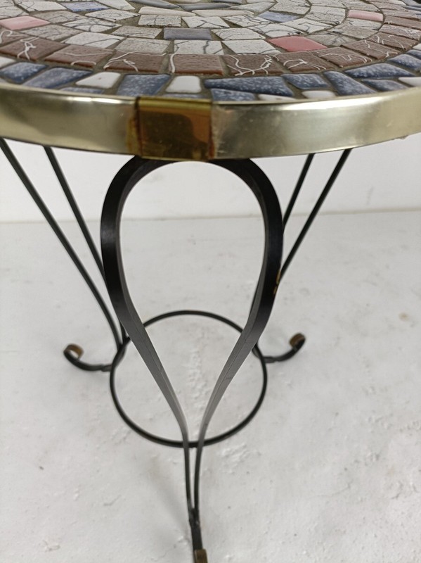 Side Round Table Plant stand Ceramic Tiles Mosaic wrought Iron Legs lovely vint gallery