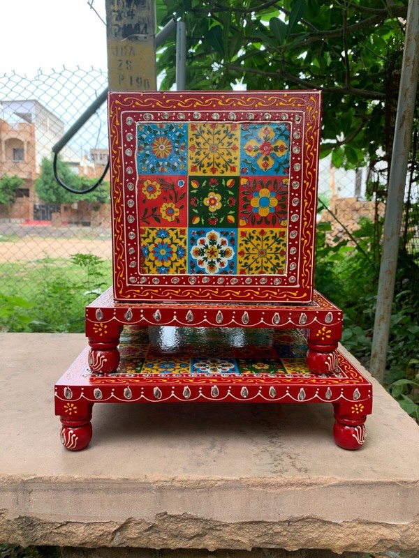 Colourful Hand Embossed Painted Bajot Set Wooden Decorative Chowki Decor Gift gallery