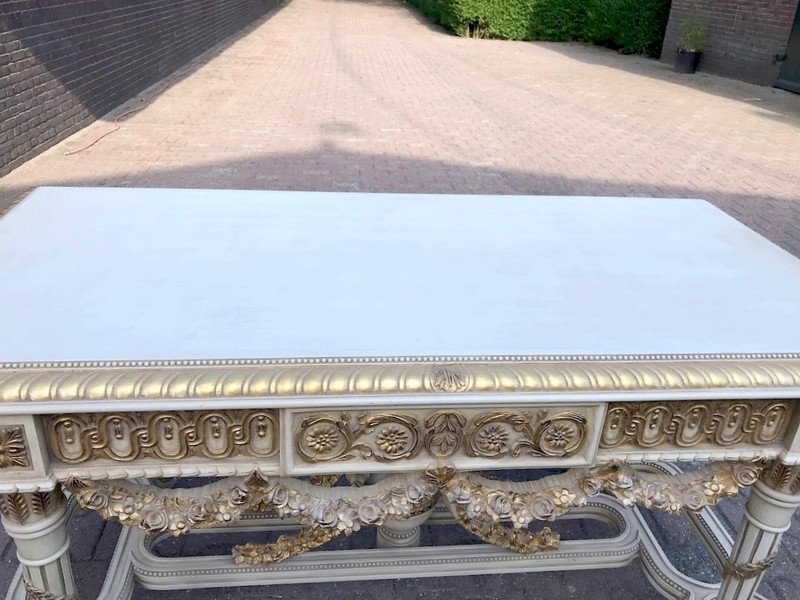 Center Table French Louis XVI Cream Gold Hand Carved Vintage Decor gallery