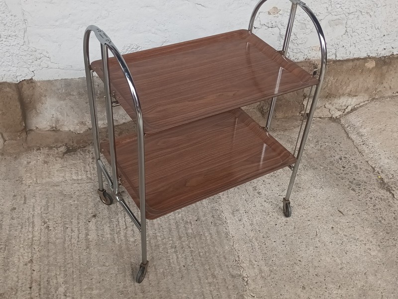 Dinett Side Table Tea Cart Wooden Top Chrome 70s 1/3 Foldable, 79.5 cm gallery
