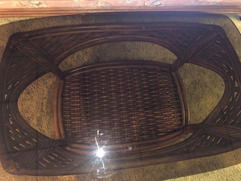 Vintage Lane Wicker Tinted Glass Top Coffee Table Rare gallery