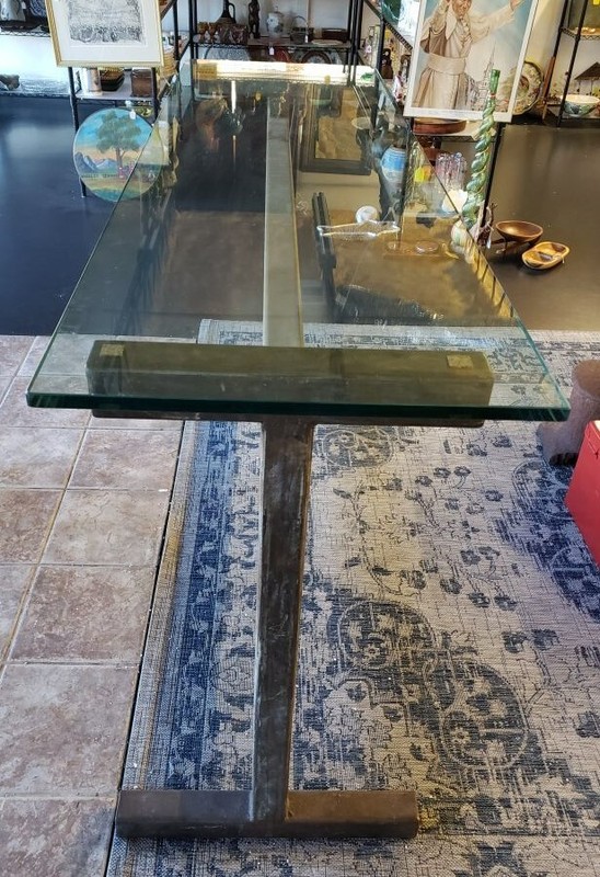 Large Thick Glass Top and Brushed Steel Base Rectangular Table gallery