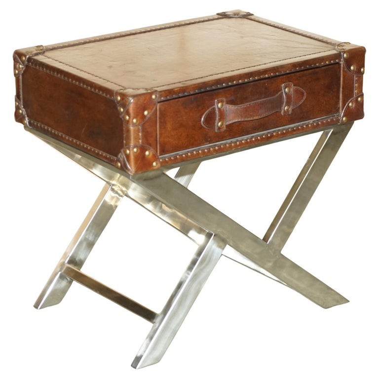 SUPER DECORATIVE HAND DYED BROWN LEATHER LUGGAGE STYLE SIDE TABLE CHROME BASE