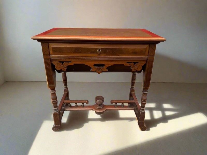 Victorian Walnut Sewing Stand Eastlake Green Leather Top Table JD235-3 gallery