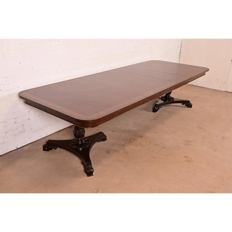 Baker Furniture Regency Banded Mahogany Pedestal Dining Table, Newly Refinished