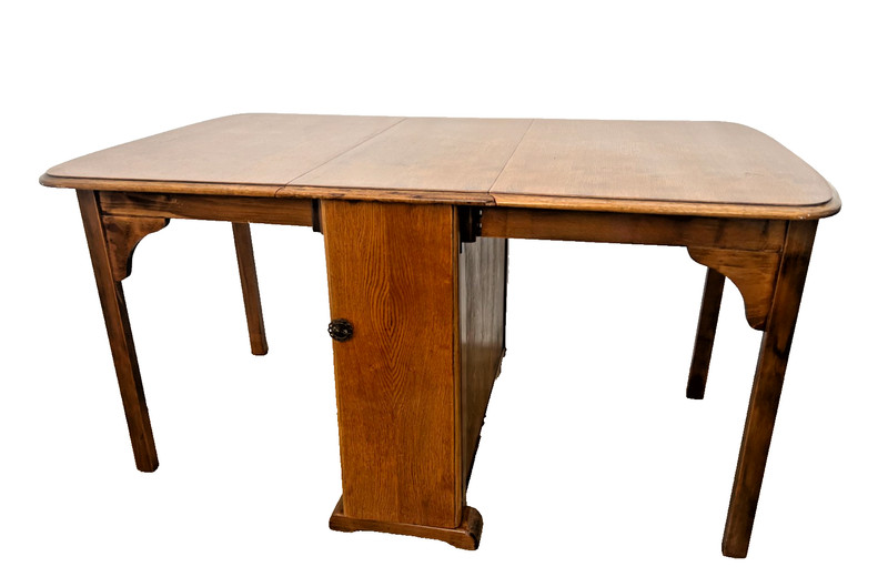 Vintage Gate Leg Table Drop down sides Two Drawers and Cabinet Rectangle Oak