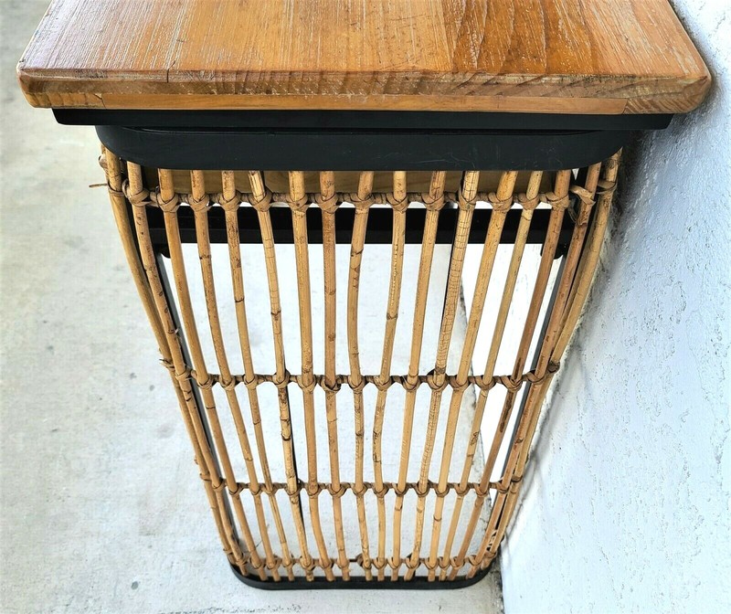 MCM Bamboo Rattan Wood and Wrought Iron 2 Drawer Console Sofa Table gallery